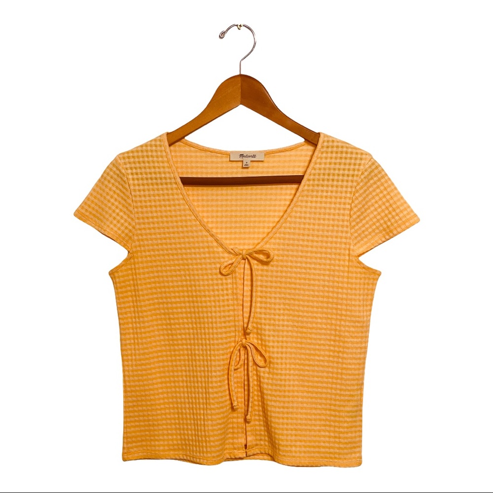 Madewell top yellow gingham ataboy toe front cap sleeve Sz.Small